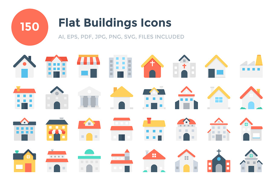 150 Flat Buildings Icons  in Graphics - product preview 8
