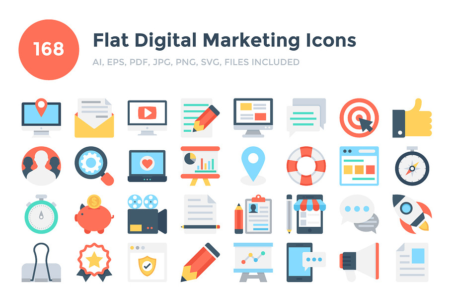 168 Flat Digital Marketing Icons 