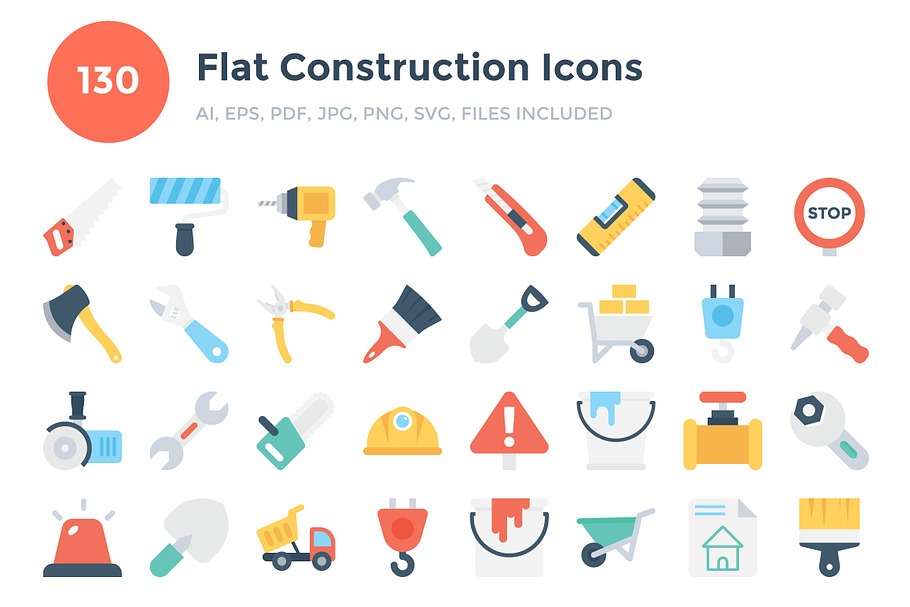 130 Flat Construction Icons