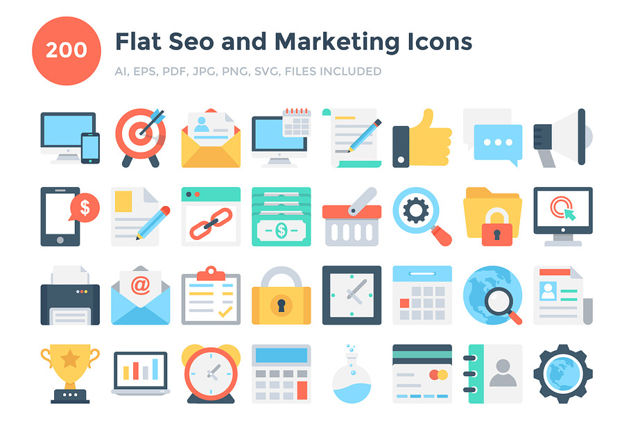 200 Flat Seo and Marketing Icons 