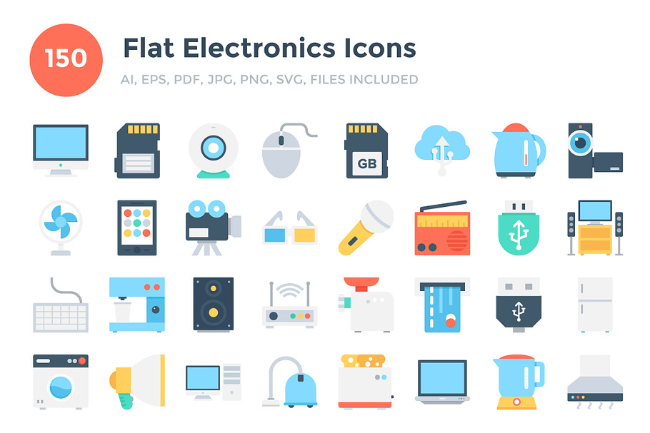 150 Flat Electronics Icons 