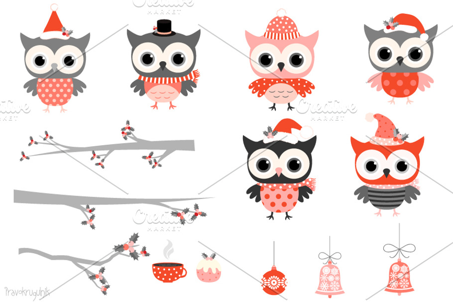 Winter owls clipart in red and grey