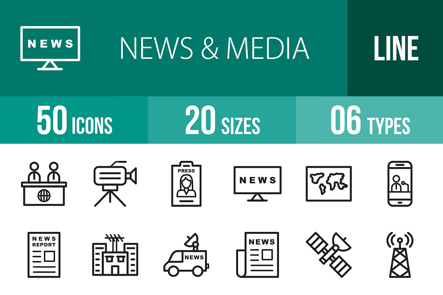 50 News & Media Line Icons