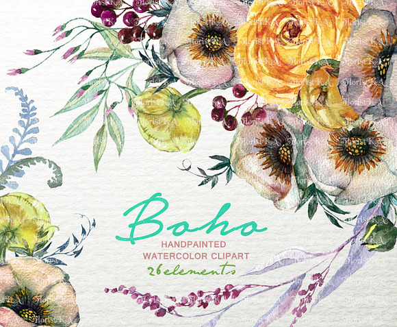 Boho Watercolor Floral Clipart F-49 in Objects - product preview 1