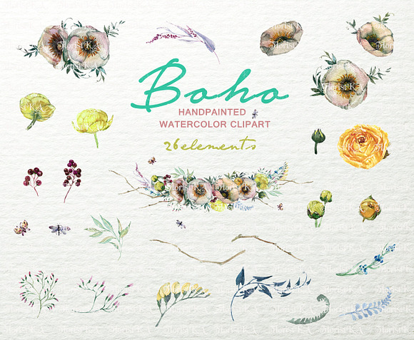 Boho Watercolor Floral Clipart F-49 in Objects - product preview 3