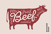 Lettering. Beef & red cow silhouette