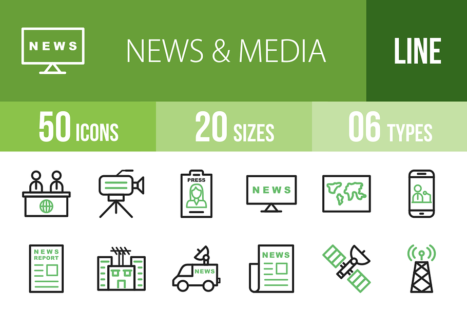 50 News & Media Green & Black Icons in Graphics - product preview 8