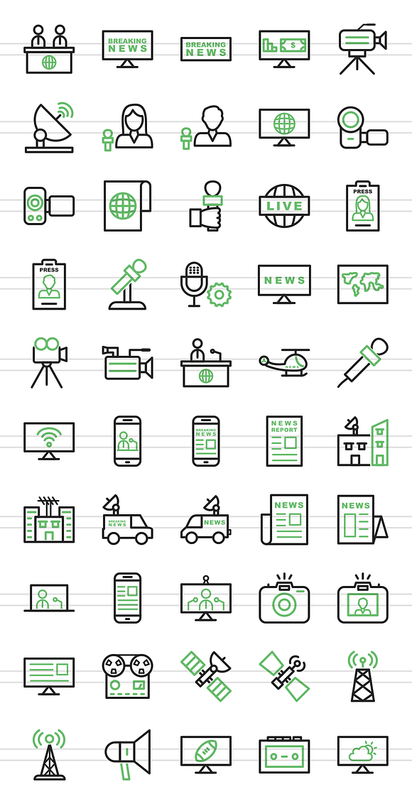 50 News & Media Green & Black Icons in Graphics - product preview 1
