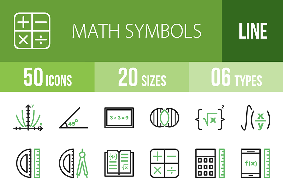 50 Math Symbols Green & Black Icons
