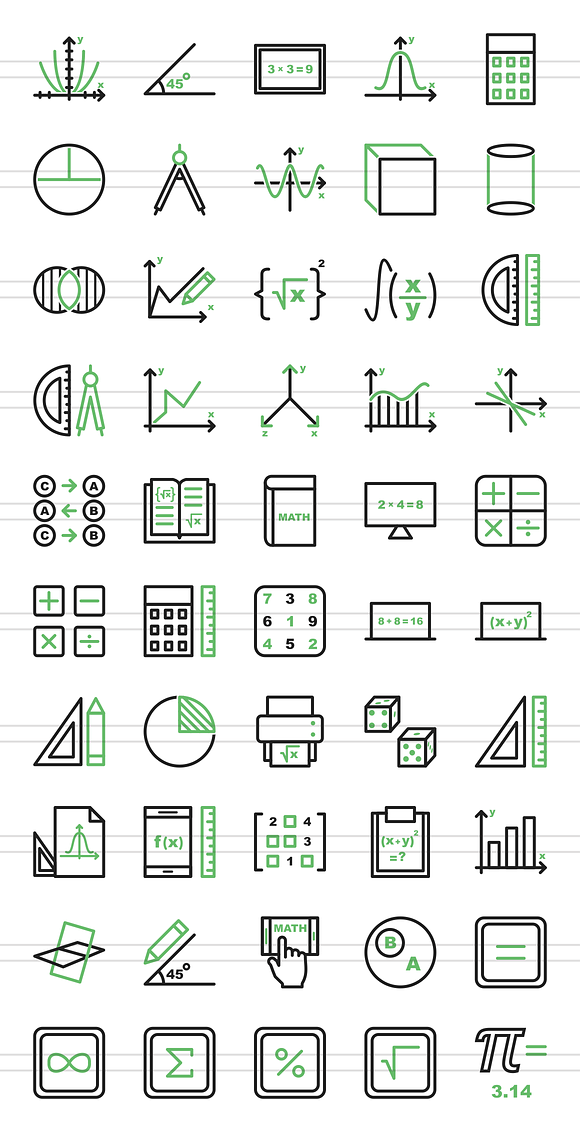 50 Math Symbols Green & Black Icons in Graphics - product preview 1