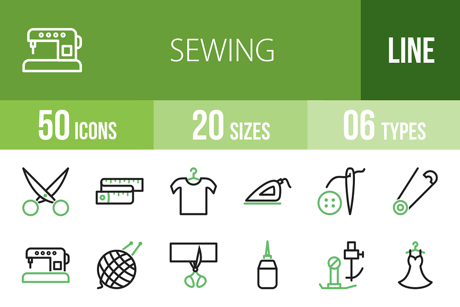 50 Sewing Line Green & Black Icons