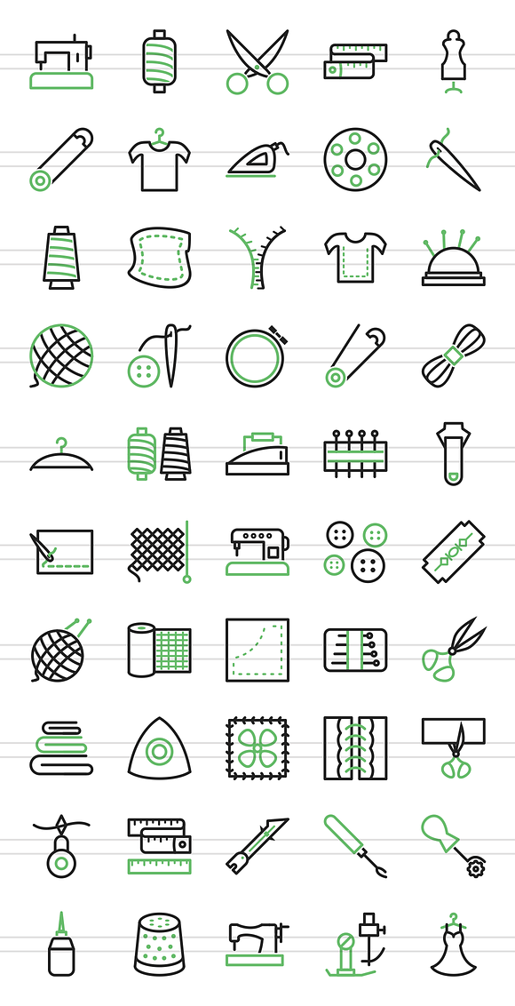50 Sewing Line Green & Black Icons in Graphics - product preview 1