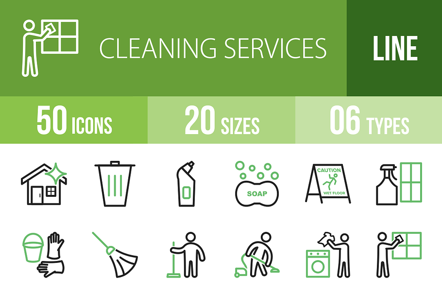 50 Cleaning Line Green & Black Icons