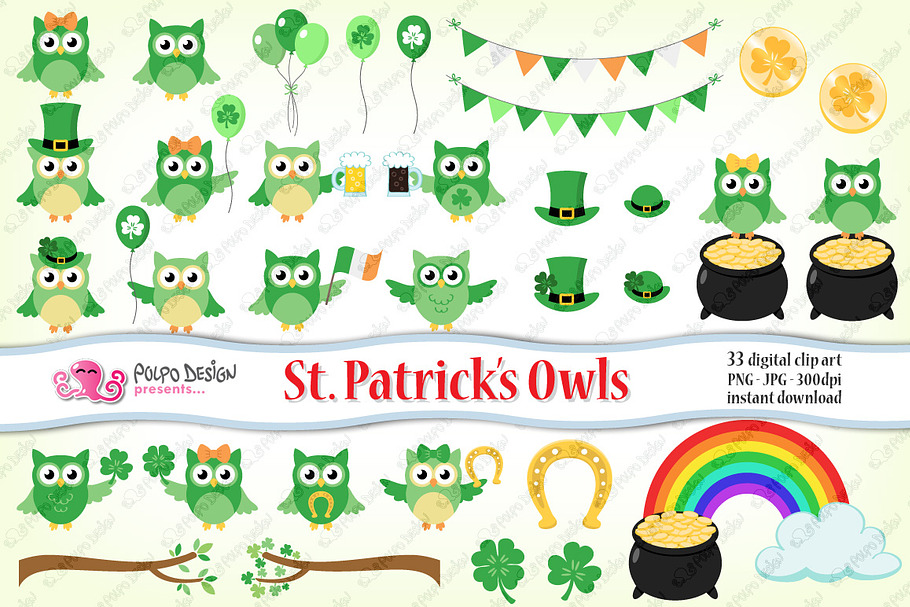 St. Patrick's day owls clipart in Objects - product preview 8