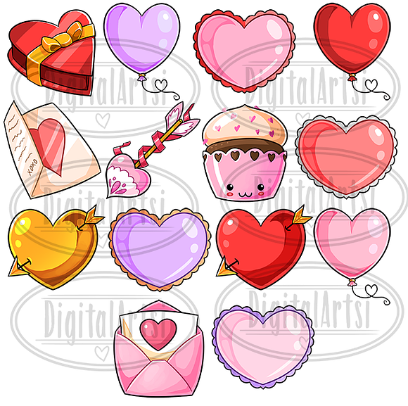Kawaii Valentines Day Clipart in Illustrations - product preview 1