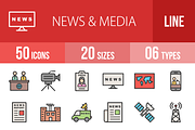 50 News & Media Filled Line Icons