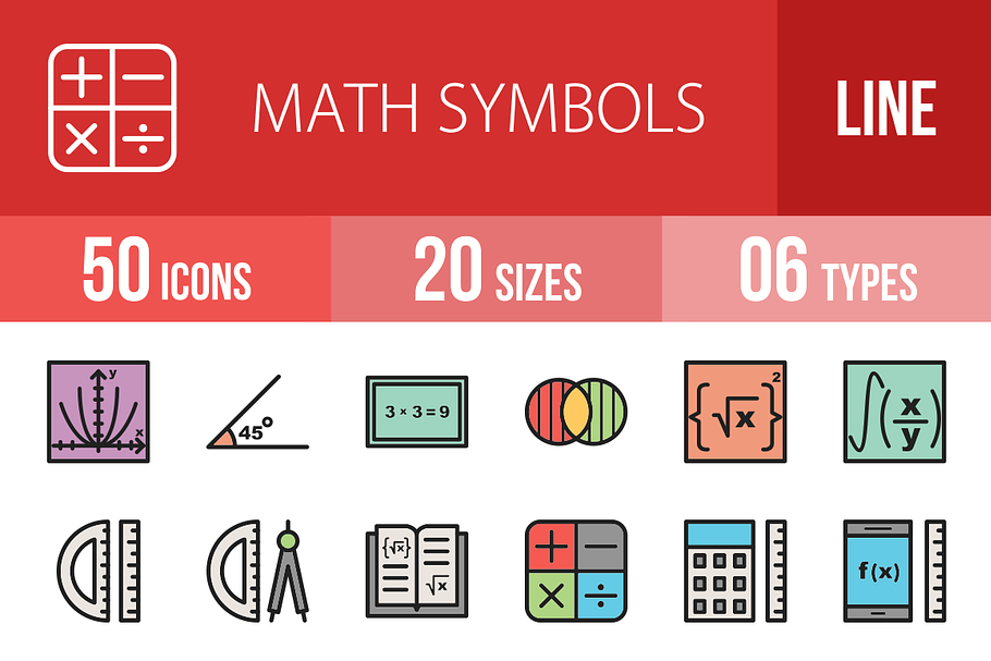 50 Math Symbols Filled Line Icons