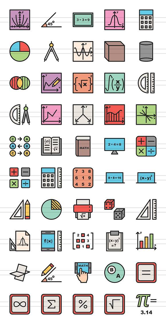 50 Math Symbols Filled Line Icons in Graphics - product preview 1