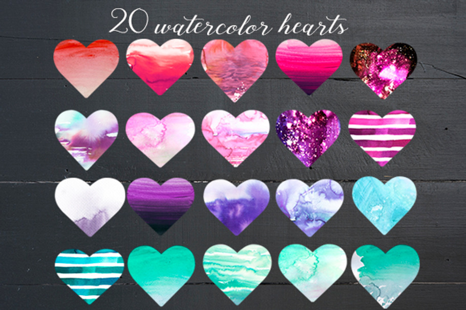 Watercolor Hearts in Pastel Colors