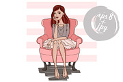 Fashion girl sitting in pink chair.
