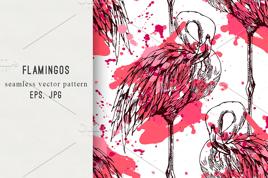 Flamingo,watercolor splashes pattern in Patterns - product preview 8