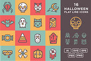 16 Halloween Flat Line Icons