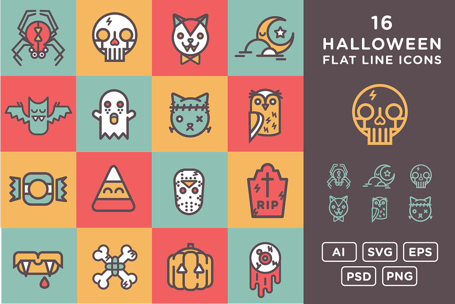 16 Halloween Flat Line Icons in Cat Icons - product preview 8