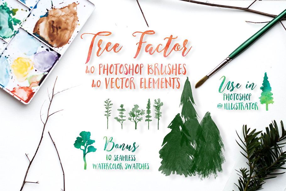 Watercolor tree brushes & elements in Photoshop Brushes - product preview 8