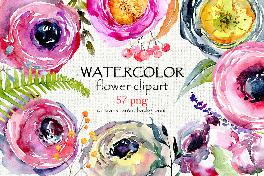 Watercolor flowers, branches, 57 png
