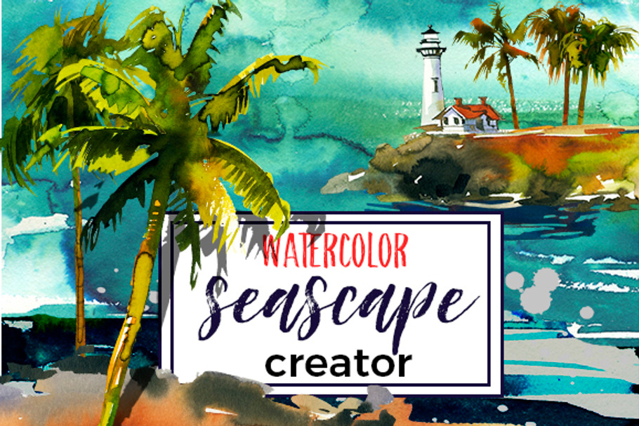 Watercolor Sea Palms Seascape Kit in Illustrations - product preview 8