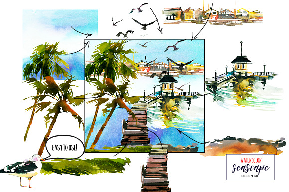 Watercolor Sea Palms Seascape Kit in Illustrations - product preview 1