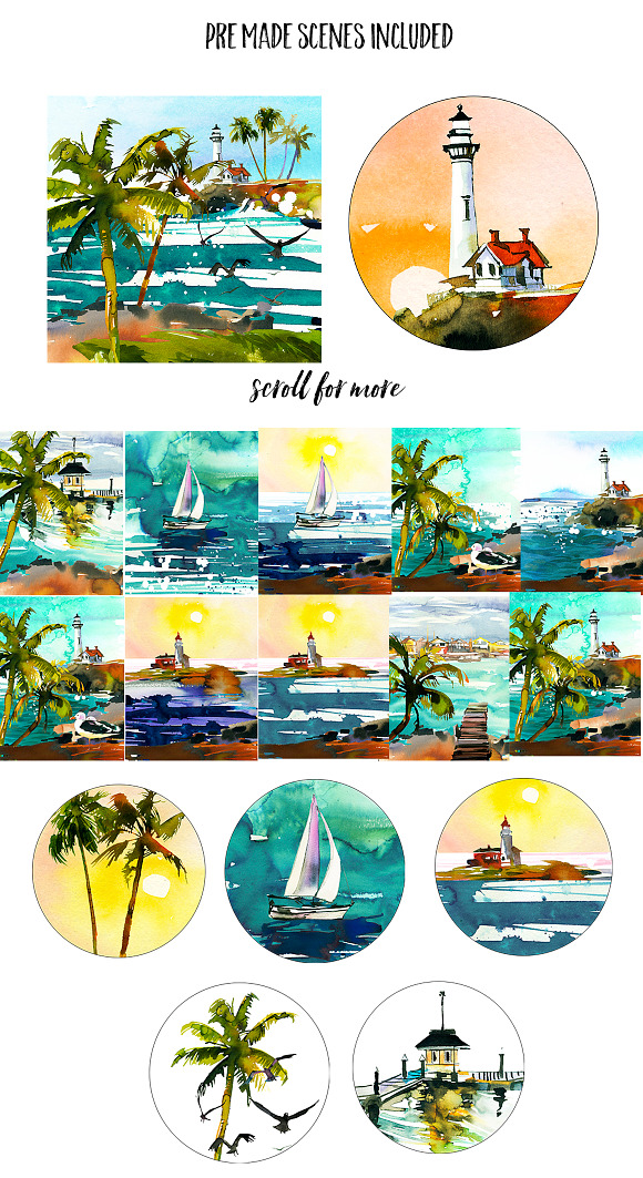 Watercolor Sea Palms Seascape Kit in Illustrations - product preview 5