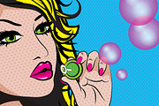 Pop Art Women Blowing Soap Bubbles.