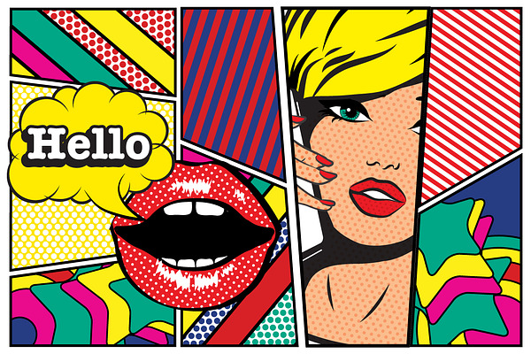 Pop Art Card Woman With Phone Hello Custom Designed Illustrations