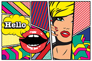Pop art Card Woman with Phone-Hello.