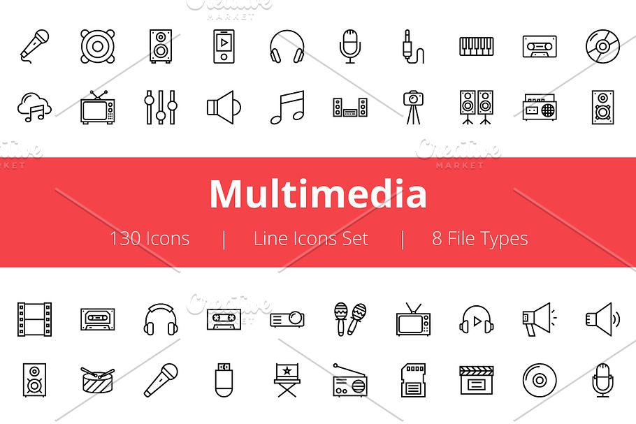 125+ Multimedia Line Icons 