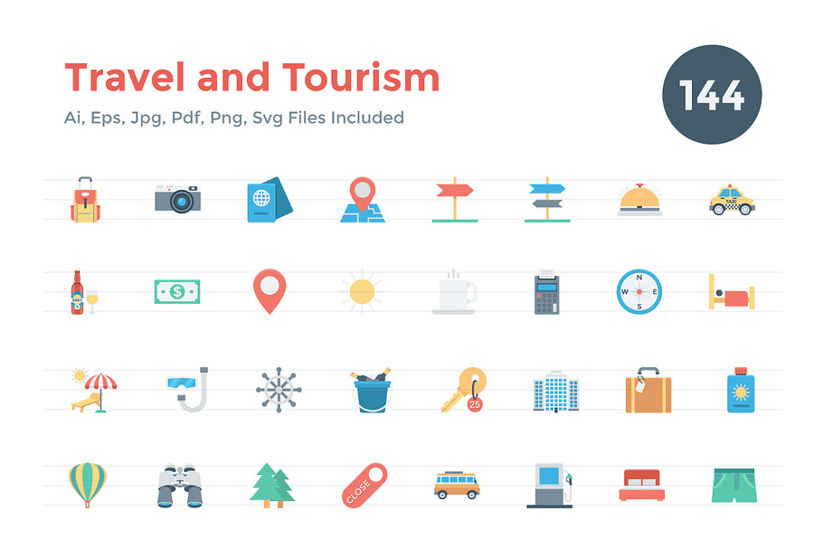 144 Flat Travel and Tourism Icons 