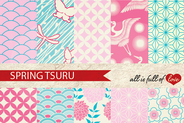 Spring Tsuru Japanese Patterns Set