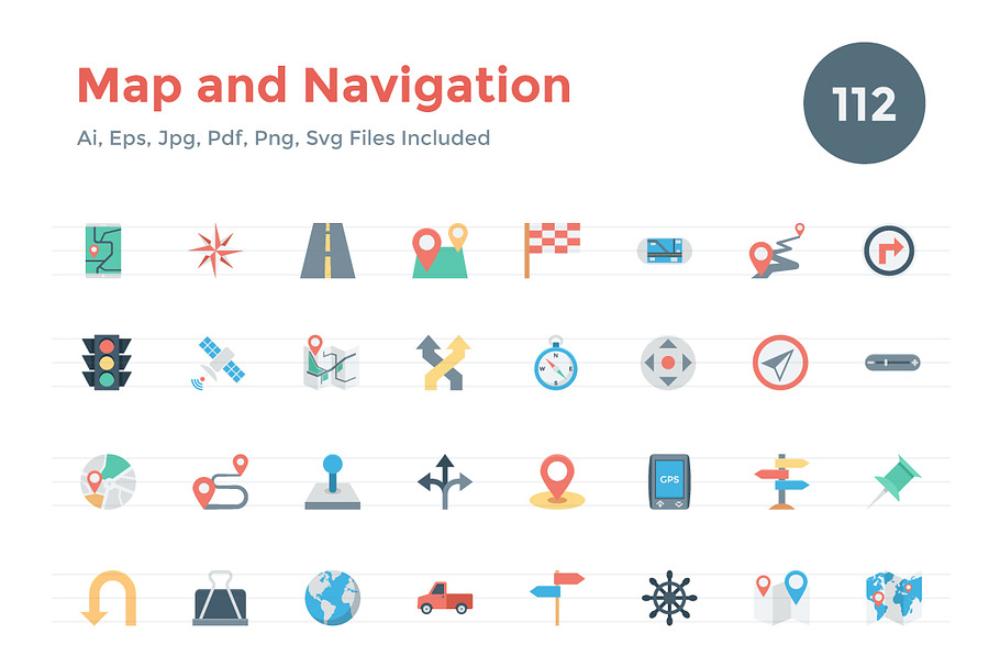 112 Flat Map and Navigation Icons 
