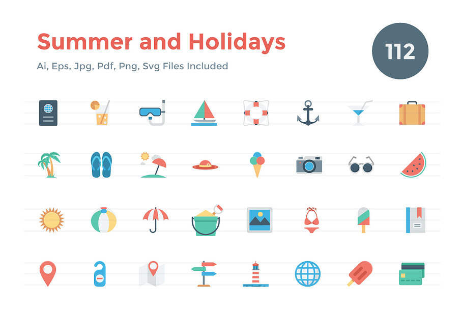 112 Flat Summer and Holidays Icons 