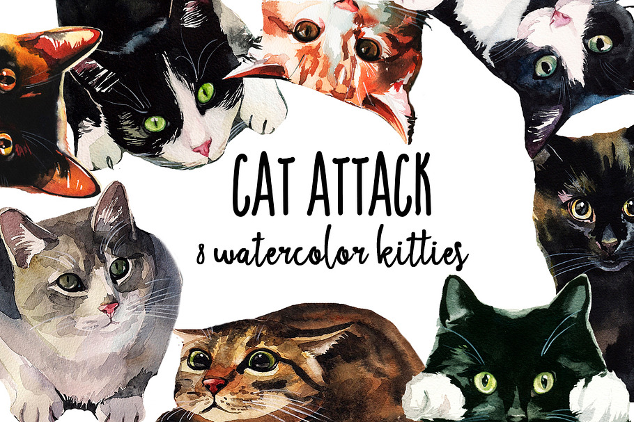 Cat Attack Watercolor PNG Collection