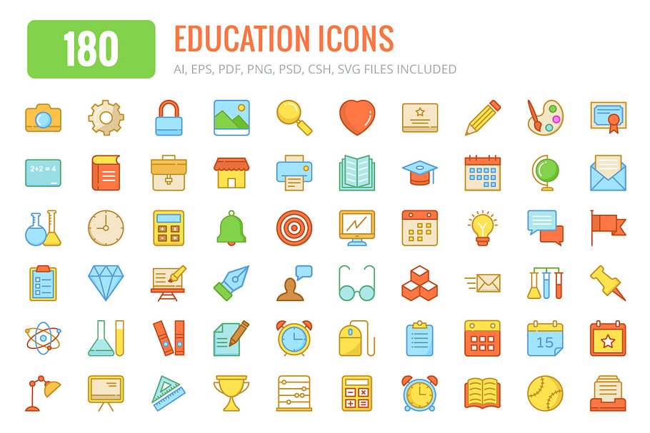 180 Education Colored and Line Icons