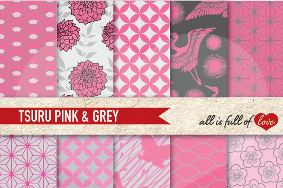 Pink Grey Japan Digital Patterns Set