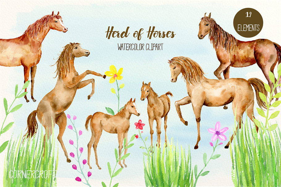 Watercolor Herd of Horses