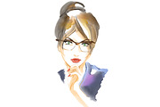 Watercolor woman in glasses portrait