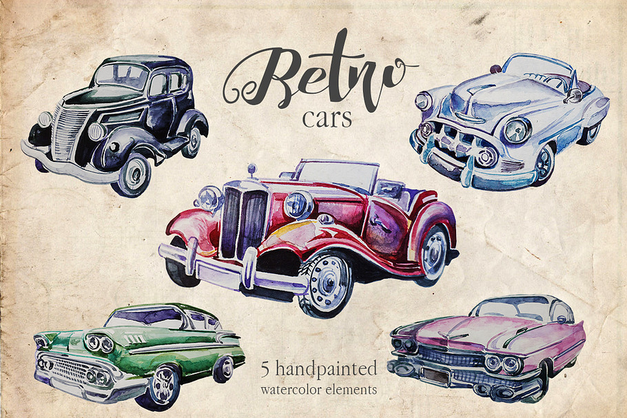 Watercolor Retro Cars Clipart
