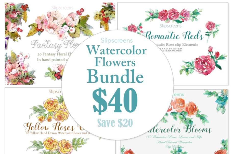 Watercolor Flowers Bundle of 4 in Illustrations - product preview 8