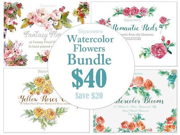 Watercolor Flowers Bundle of 4 in Illustrations - product preview 1