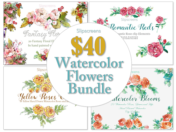 Watercolor Flowers Bundle of 4 in Illustrations - product preview 2