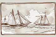 Vintage View of Sailing Ships